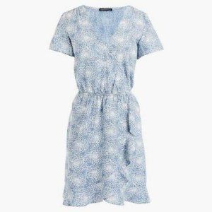 J Crew XS Printed Chambray Ruffle Faux Wrap Dress